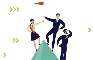 cc-climbers cartoon climbers planting flag at top of career mountain