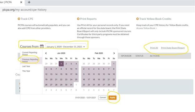 Braden_DatePicker3 Screen shot of PICPA's CPE course tracking and print options