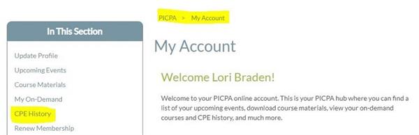 Screen shot of PICPA's My Account welcome page