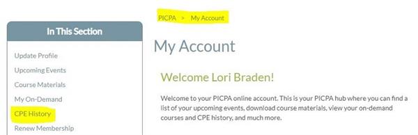 Braden_MyAccount Screen shot of PICPA's My Account welcome page