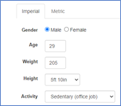 Forney_Table1 Input window showing fields to fill to establish baseline caloric intake