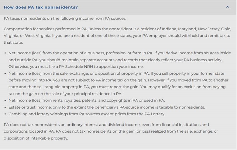 Screen shot: Pennsylvania Department of Revenue, Determining Residency, Tax on Nonresidents