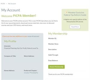Standard PICPA "My Account" page example