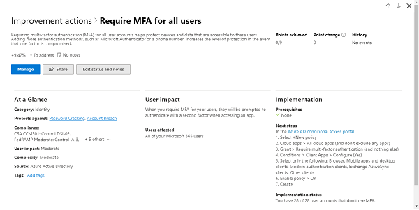 Details Window of One of the Secure Score Recommendations