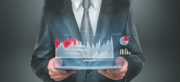 Man holding holographic performance graph