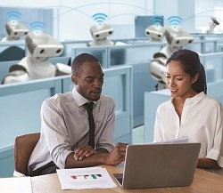 An accountant with client as robots work in the background