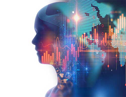 Head in silhouette with graphs, measures and maps within