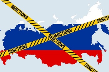 Map of Russia with "caution" tape across it reading "sanctions"