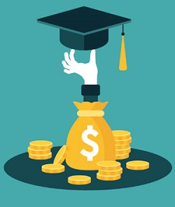 Illustration: Arm lifting a graduation cap above a bag of money.