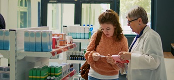 Customer and pharmacist discussing prescribed OTC