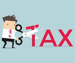 Iluustration of man with over-sized scissors cutting the word "Tax"