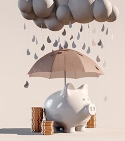 Piggybank under umbrella sheltering stacks of coins