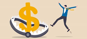 Illustration: Worker jumping toward a dollar sign inside a bear trap