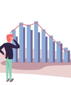 Illustration: Person viewing giant bar graph showing declines.