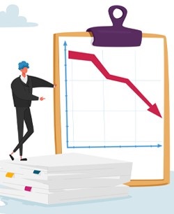 Illustration: stack of documents and graph indicating downward trend