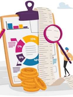 Illustration: sales receipt, draped over charts and graphs, being examined by magnifying glass