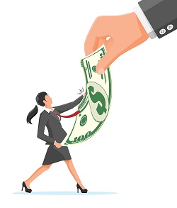 Illustration: Large hand emerging to take giant $100 bill from business person
