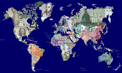 World map with currencies superimposed on their respective countries