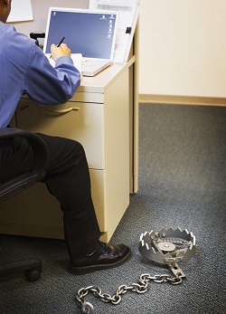 Bear trap on the floor next to a tax preparer.