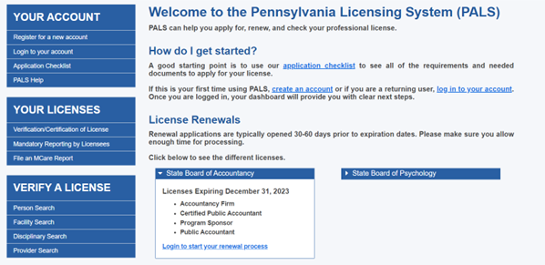 Screen of Pa.'s PALS license renewal welcome page