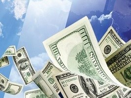 $100 bills blowing around in the sky.